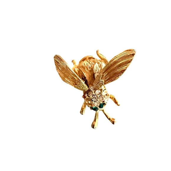 Vintage Gold-Tone Bee Brooch With Rhinestone clear and green Accents - Picture 2 of 6